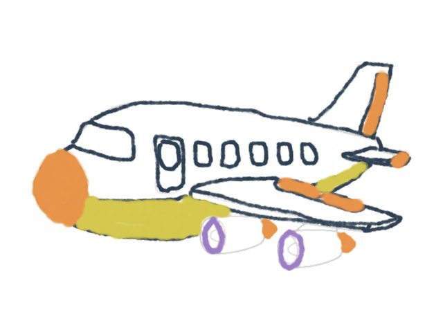 A neatly outlined passenger airplane with orange and yellow details