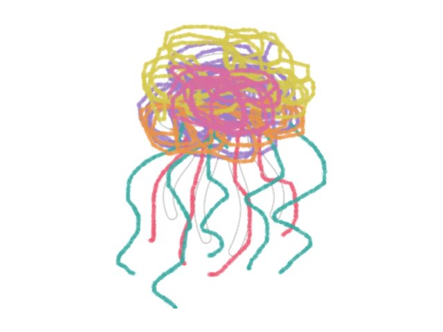 A jellyfish colored as a joyful tangle of yellow and pink scribble lines