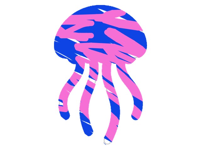 A jellyfish coloring page filled with broad pink strokes over a deep blue bell, the tentacles striped in the same two colors