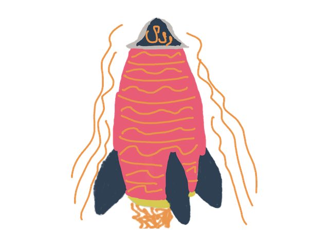 A rocket colored red and orange, wearing a captain's hat