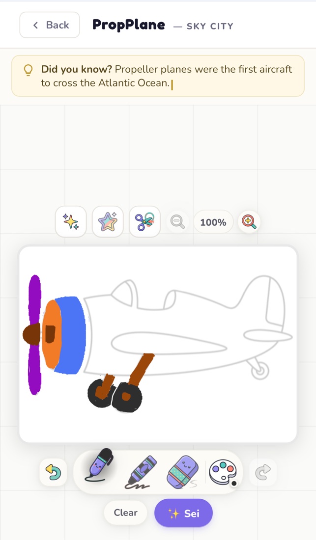 A half-colored PropPlane on the Pintsei canvas with the purple Sei button below