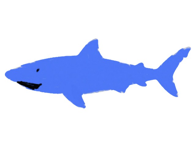 A shark coloring page filled in flat blue, with a single small black eye and a black mouth line near the nose