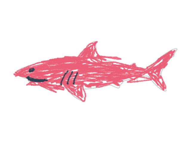 A shark colored in bold pink crayon strokes