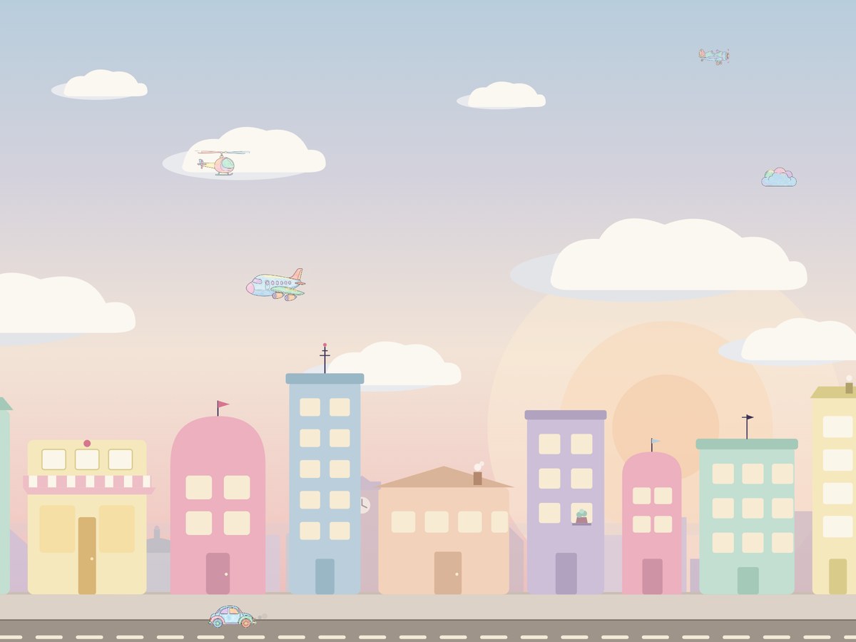A child's colored airplane and helicopter flying over a pastel Sky City with clouds, a sunset, and a car on the street