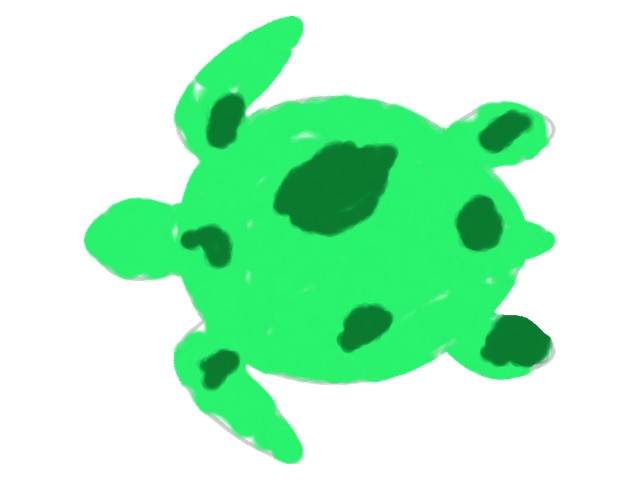 A sea turtle coloring page filled in bright green, with darker green patches marked out on the shell and flippers