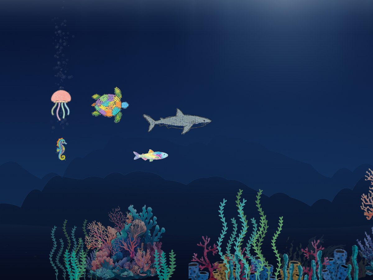 A child's rainbow-colored sea turtle gliding through the Pintsei coral reef alongside a jellyfish, seahorse, shark and little fish