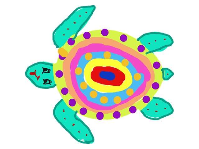 A sea turtle coloring page with the shell filled as concentric rings of lime, orange, pink, blue, yellow and red, ringed with purple dots, teal flippers speckled in red
