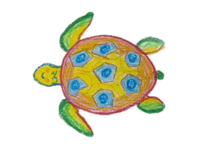 Smiling sea turtle with a yellow shell and blue spots
